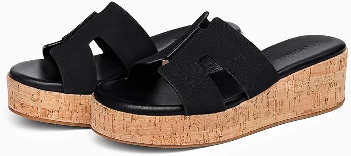 Coutgo Women's Platform Wedge Sandals Open Toe Slip On Slides Cork Heeled Cutout Comfortable Summer Shoes