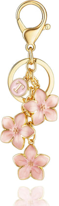 XGALBLA White/Pink/Black Big Cute Flower Initial Letter Keychain for Women, Flower Bag Charms Enameled Keychain Handbag Purse