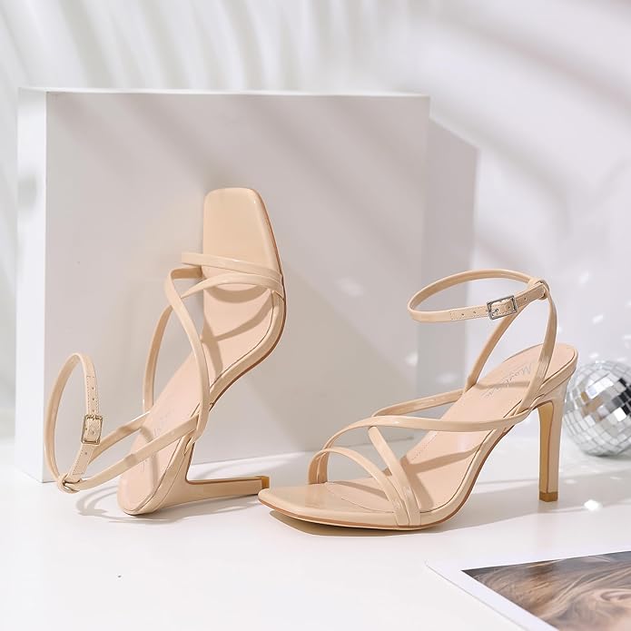 Mostrin Strappy Heels for Women Square Open Toe Lace Up Heeled Sandals Ankle Strap Sexy Stiletto High Heels for Party, Prom, Dating, Wedding