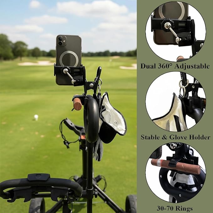 Golf Bag Phone Holder, Phone Caddy for Golf Cart Record Your Golf Swinging Two 360°Fully Adjustable Golf Cart Phone Mount Clip with Golf Glove Holder for Fishing Grilling Riding Golf Gifts for Men