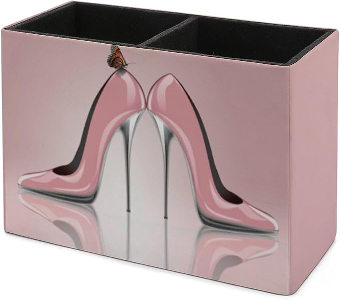 Pen Holder, Pencil Holder for Desk Organizer, Pink High Heel Shoes Butterfly PU Leather Pencil Cups Desktop Stationery Storage Makeup Brush Holder Pen Organizer for Office Home