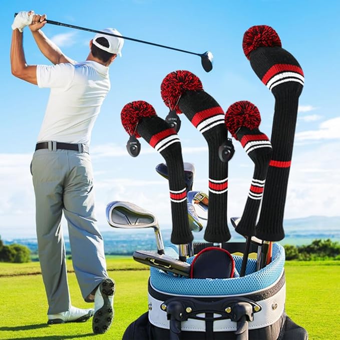 LeFeng 1Pcs Golf Club Cover, Knitted Golf Head Cover for 460cc Driver Fairway Woods and Hybrid with Cute Pom Pom and Number Tag