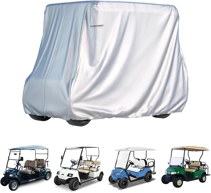 2/4 Passenger Golf Cart Cover for Yamaha EZGO Club Car, 420T Waterproof Polyester with Silver Coating,Waterproof,Dustproof,Windproof,Sunproof，All-Weather Protection (95-48-73-sliver)