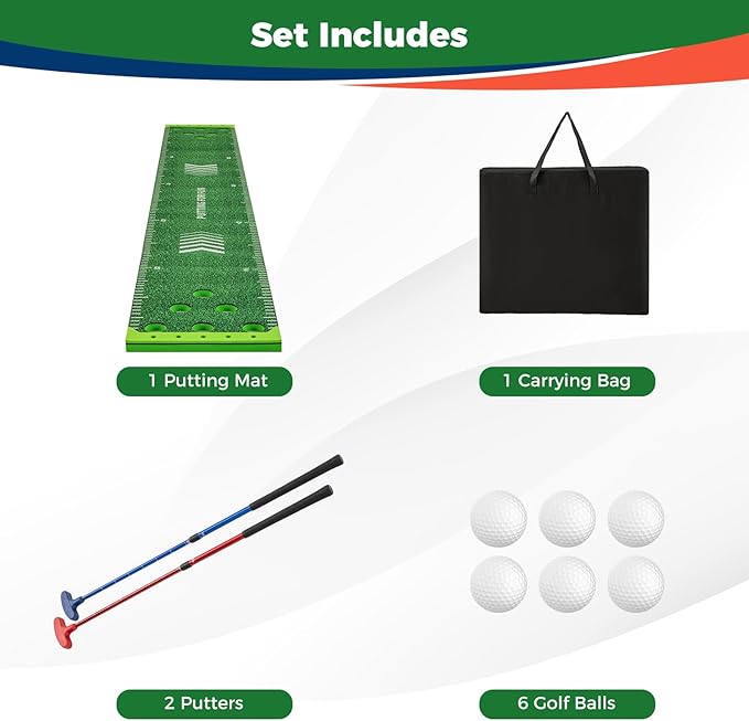 Goplus Putting Green Mat, Portable Golf Game Set with 2 Adjustable Putters, 6 Balls, Carrying Bag, Golf Putting Mat for Party, Practice, Home, Backyard