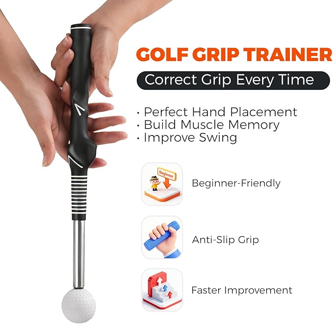 Golf Swing Trainer – Retractable Click Stick Grip & Tempo Trainer for Right-Handed Golfers, Stainless Steel Shaft Golf Training Aid for Indoor & Outdoor Swing Practice