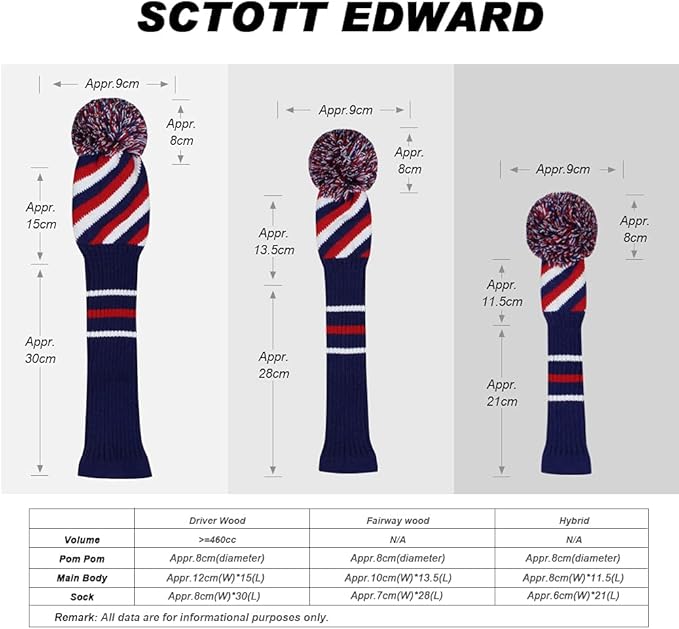 Scott Edward Golf Headcovers for Woods Set of 3 Fits Well Driver(460cc) Fairway Wood and Hybrid(UT) The Perfect Change for Golf Bag Classic Striped Style