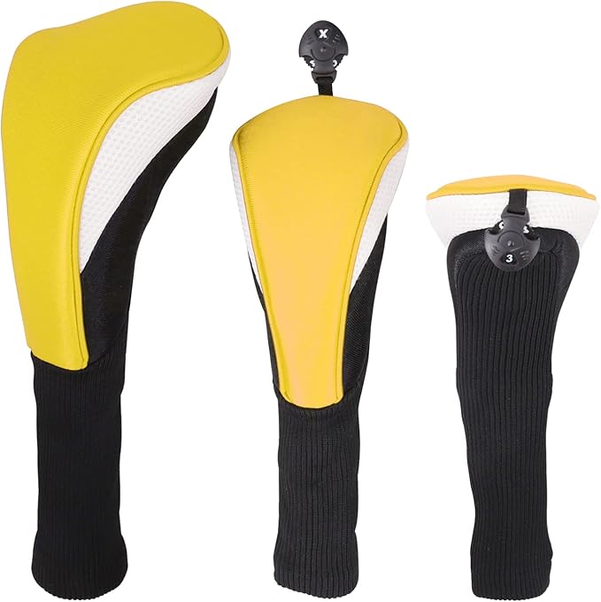 Black Golf Club Head Cover for Driver Fairway 3 Pcs Woods Headcovers, Golf Accessories Hybrid Head Covers Set with Interchangeable Tags 3 4 5 7 X