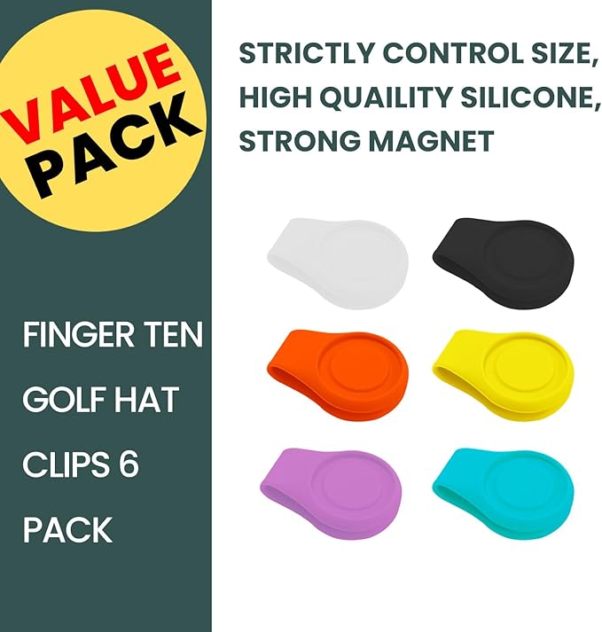 FINGER TEN Golf Ball Marker Hat Clip Magnetic Value 3 4 6 Pack Set Silicone Durable Removable Attaches Easily to Hats Caps Belt