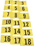 Vispronet Numbered Golf Flags for Putting Green (18) – 20in x 14in Yellow & Black Flags Numbered 1-18, Golf Range Accessories for Courses, Outdoor Hole Flag, Durable Polyester Material