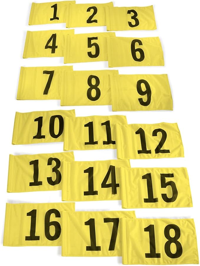 Vispronet Numbered Golf Flags for Putting Green (18) – 20in x 14in Yellow & Black Flags Numbered 1-18, Golf Range Accessories for Courses, Outdoor Hole Flag, Durable Polyester Material