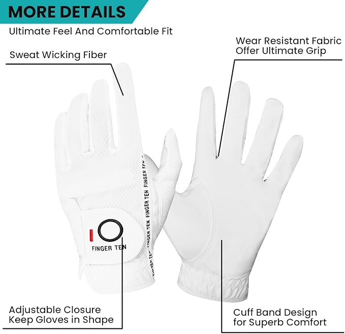 FINGER TEN Premium Rain Grip Men's Golf Gloves 1 Pair, Hot Wet Weather No Sweat Glove for Serious Feel & Performance, Left Right Hand Black Gray White Blue Fit Size S M L XL 2XL 3XL