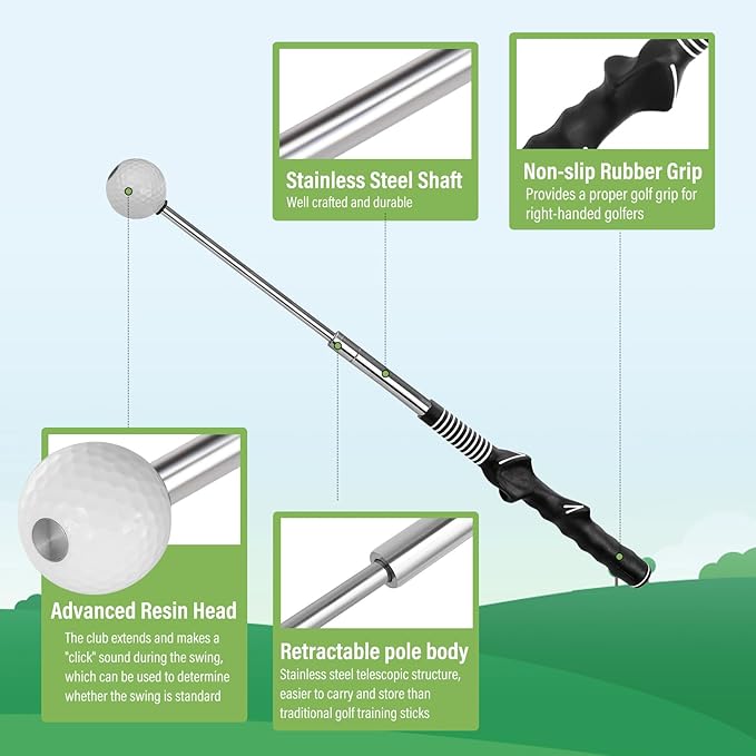 Retractable Golf Swing Training Aid, Golf Grip Trainer - Flexible Telescopic Practice Stick with Click Feedback for Right Handers, Indoor/Outdoor Use - Improves Tempo, Chipping & Warm-Ups
