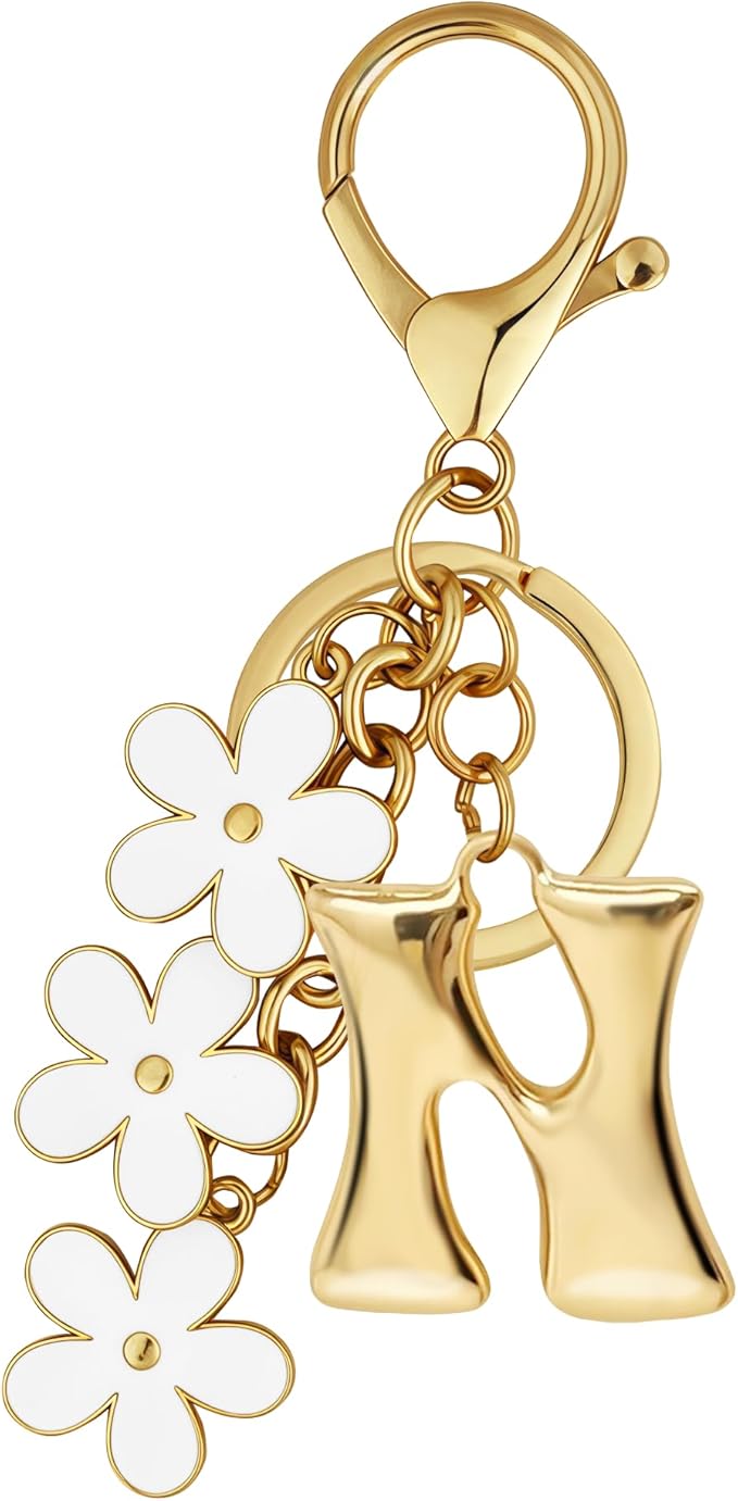 Gold Bubble Heart, Cherry, Bow & More Designs Letter Initial Keychain Bag Charms – Cute Purse Charms for Handbags
