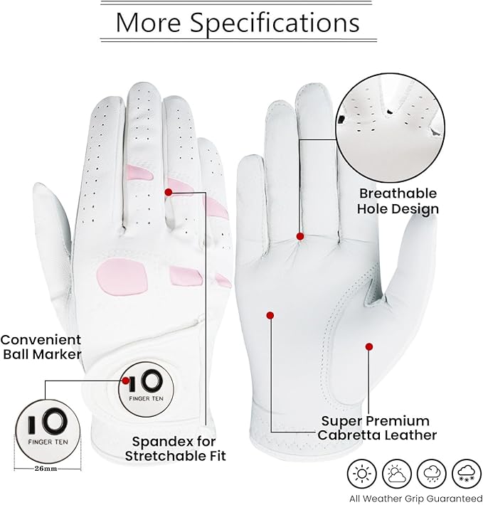 FINGER TEN Golf Gloves Women Leather Glove with Ball Marker for Ladies - Enhanced Grip, Comfort & Durability for Female Golfers