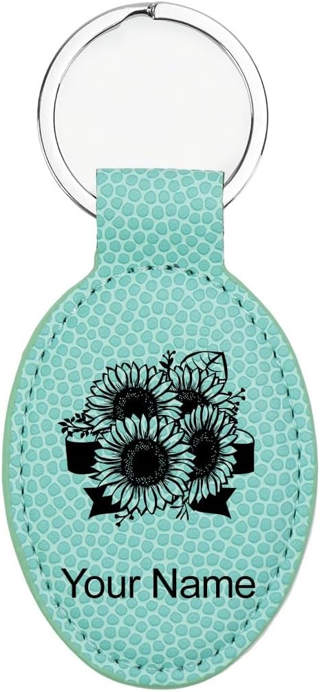 LaserGram Oval Keychain, Sunflowers, Personalized Engraving Included