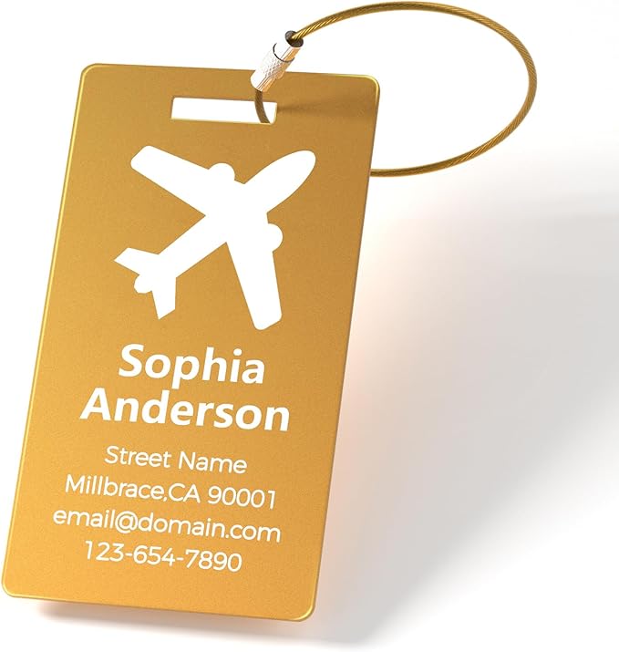 Personalized Metal Luggage Tags, Custom Suitcase Aluminum Name Tags with 5.9in Steel Ring, Laser Engraved Text and Logo, for Travel Gift, Baggage, Golf Bag (Golden)
