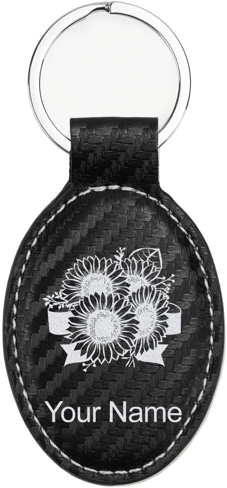 LaserGram Oval Keychain, Sunflowers, Personalized Engraving Included