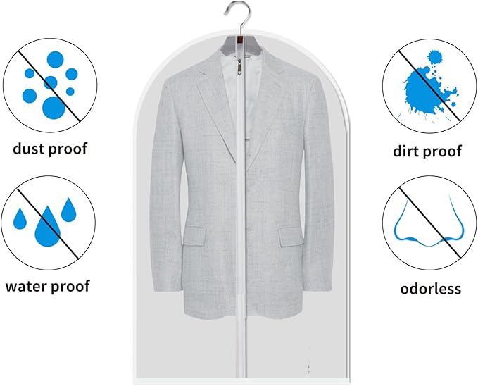 12 Pack Garment Bags for Hanging Clothes (24x40") - Dustproof Suit Bags for Closet Storage - Durable PEVA Covers with Sturdy Zipper for Coats, Jackets & Dresses (Translucent)
