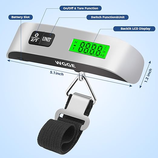 Digital Luggage Scale, WGGE Travel Luggage Weight Scale, Max 110lbs/50kg Baggage Scale with Backlit LCD Display