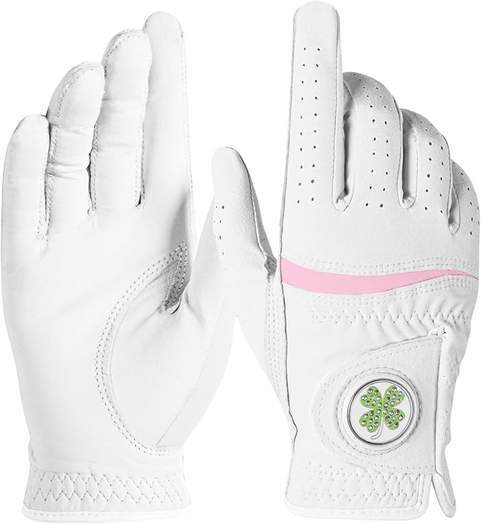 Womens Golf Glove with Clover Ball Marker 1 Pack, All Weather Grip Microfiber & Leather Gloves for Ladies, Comfortable Breathable Fit for Left Hand or Right Hand in White Pink