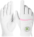Womens Golf Glove with Clover Ball Marker 1 Pack, All Weather Grip Microfiber & Leather Gloves for Ladies, Comfortable Breathable Fit for Left Hand or Right Hand in White Pink