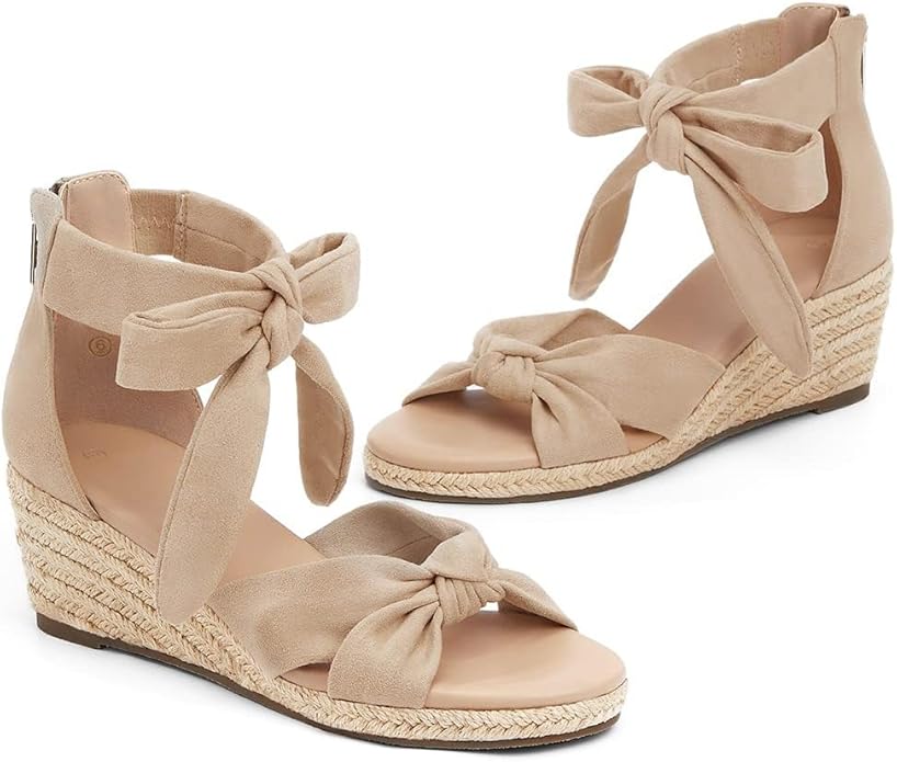 LAICIGO Womens Espadrilles Wedge Sandals Back Zipper Closure Open Toe Platform Ankle Strap Summer Dress Shoes with Bow