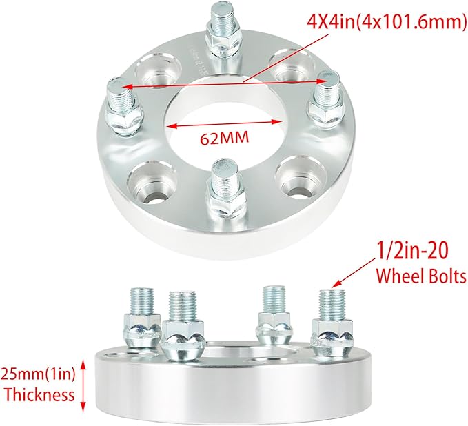 WFLNHB 2pcs Golf Cart Wheel Spacers 1 inch 4x101.6mm Hub Bore: 62mm Thread Size: 1/2x20 Silver Replacement for Golf Carts