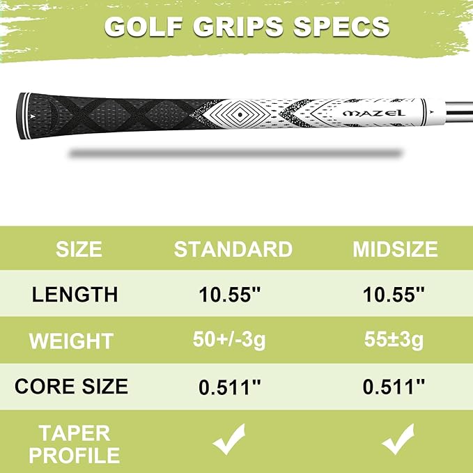 MAZEL Cord Rubber Golf Grips for Men - 10 Pack,All Weather Control Golf Club Grips Standard/Midsize,High Feedback & Traction