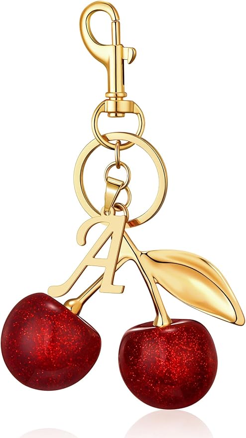 SYNLIN Cherry Keychain with Initial Charm,Personalized Cherry Bag Charm for Women,Alphabet Letter for Luxury Purse Backpack