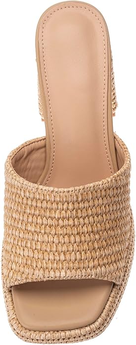 Monrovia Womens Sandals Heels for Women Slide On Block Chunky Platform High Heels Open Toe Raffia Wedge Sandals