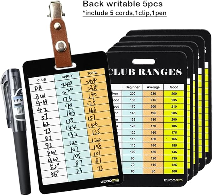 Golf Club Distance Range Cards with Holder, Back Writable Yardage Matrix Chart for Beginner to Advanced Players