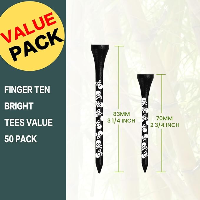 FINGER TEN Golf Tees Wood 3 1/4 2 3/4 Inch Value 50/120 Count, Durable Tees with Bright Colored Stripes for Consistent Height, 70mm 83mm Long Tees Ideal for Golfers