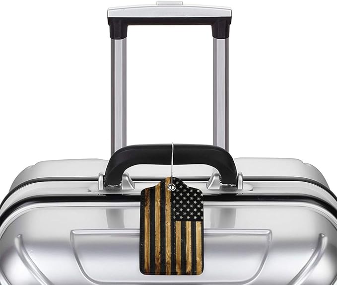 2 Pack Luggage Tags for Suitcase, Privacy Cover ID Label with Stainless Steel and Address Card for Travel Bag Backpack Cruise Ship Essentials Tag Women Men - Wood American Flag