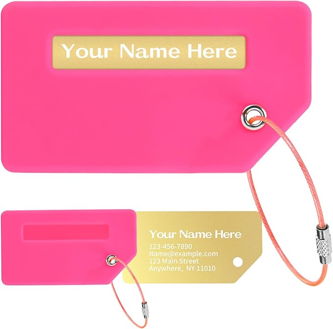 Personalized Luggage Tags for Suitcases, Custom Metal Luggage Tag for Bag with Silicone Sleeves, Durable Travel Tags, Laser Engrave Name Text, Gift for Travelers, 3.5x2 Inches (Bright Pink)