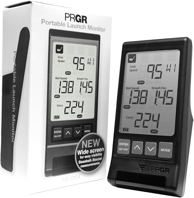 PRGR HS 130-A Portable Golf Launch Monitor | Doppler Radar Measures Club & Ball Speed, Smash Factor, Total & Carry Distance | Tracks Swing Speed Training Aids