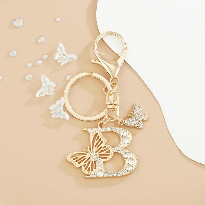 Gold Plated Alphabet Initial Letter Keyring Keychain for Women Girls Crystal Key Chains for Wallet Backpack Bag Charm