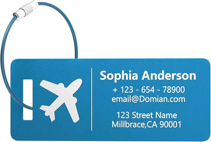 10 Personalized Metal Luggage Tags, Custom Suitcase Aluminum Name Tags with Steel Ring, Laser Engraved Name and Logo, for Travel, Backpack, Baggage, Golf Bag (Blue)