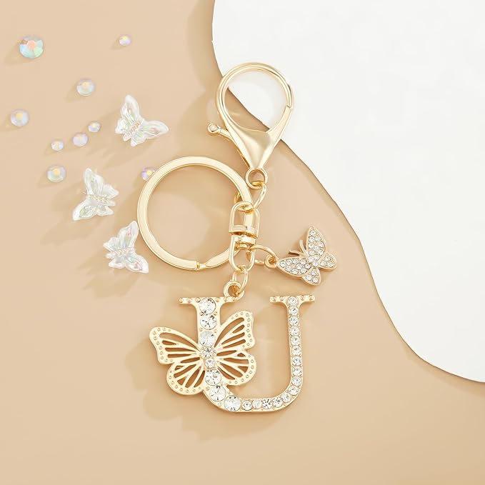 Gold Plated Alphabet Initial Letter Keyring Keychain for Women Girls Crystal Key Chains for Wallet Backpack Bag Charm