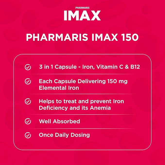 IMAX Iron Supplement 150 mg, Vitamin C 250 mg & B12 1000 mcg, Iron Supplement Treatment for Women & Men, Once Daily, 30 Capsules
