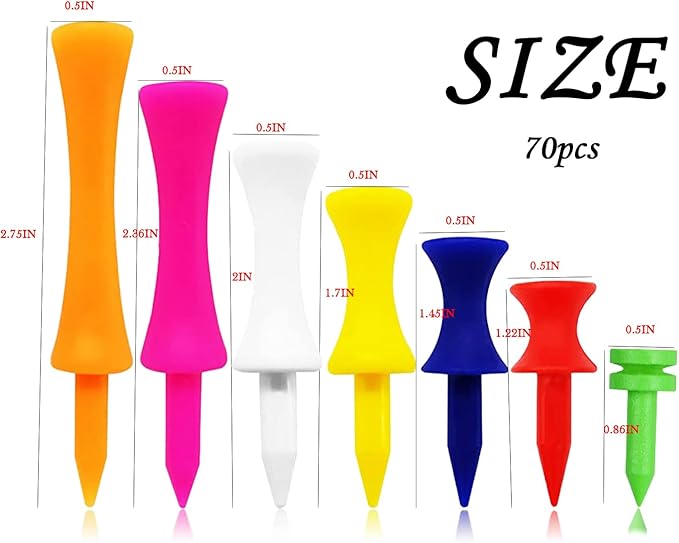 70 Pcs Golf Tees, Golf Step Down Plastic Tees Value Multiple Colors Size Bulk, Unbreakable Tee 1", 1 1/4", 1 1/2", 1 3/4", 2", 2 1/4", 2 3/4", Long Short 7 Colors for Men Women Kids Practice