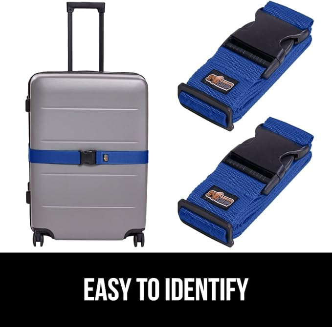GORILLA GRIP Heavy Duty Adjustable Luggage Straps for Suitcases, Easy to Identify Travel Belt Connector Holds Suitcase Together, Extends Life of Bag, Strap Connects Two Bags, Accessories 2 Pack Blue