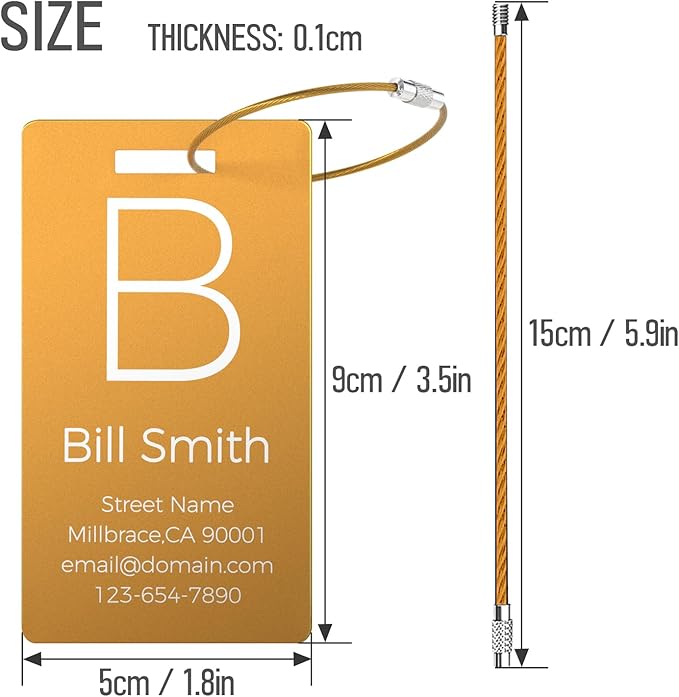 4 Pack Personalized Luggage Tags, Custom Engraved Aluminum Luggage Tags with Your Personalized Text, Waterproof Metal Name Tags with Steel Loop for Bags, Suitcase, Baggage, Backpack (Golden, Large)