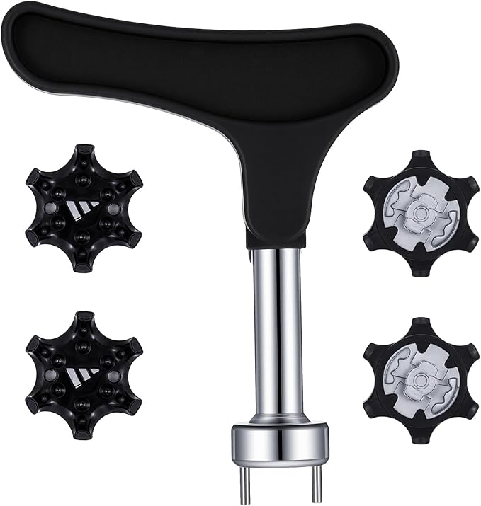 Sibba Universal Golf Shoe Spike Wrench Tool Compact Zinc Alloy Cleat Removal Tool with 4 Replacement Golfs Spikes Durable Two-Pin Design for Easy Golf Shoe Spike Repair & Replacement (Black)