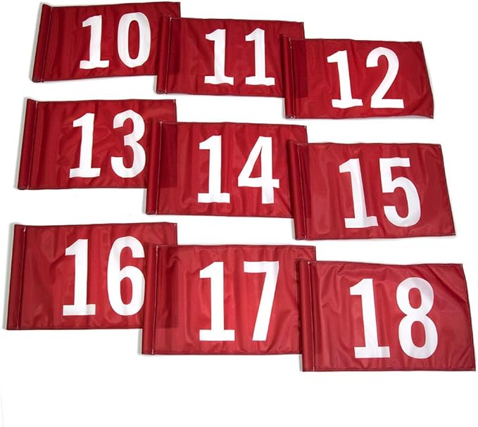 Vispronet Numbered Golf Flags for Putting Green (9) – 20in x 14in Red & White Flags Numbered 10-18, Golf Range Accessories for Courses, Outdoor Hole Flag, Durable Polyester Material