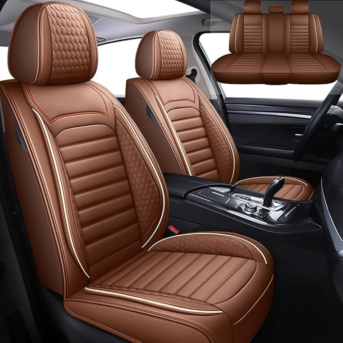 Leather Car Seat Covers for Volkswagen Golf 2001-2021,Car Seat Covers Full Set,Seat Covers with Safety,Waterproof Seat Cover Compatible Airbag(5pcs Coffee Standard)