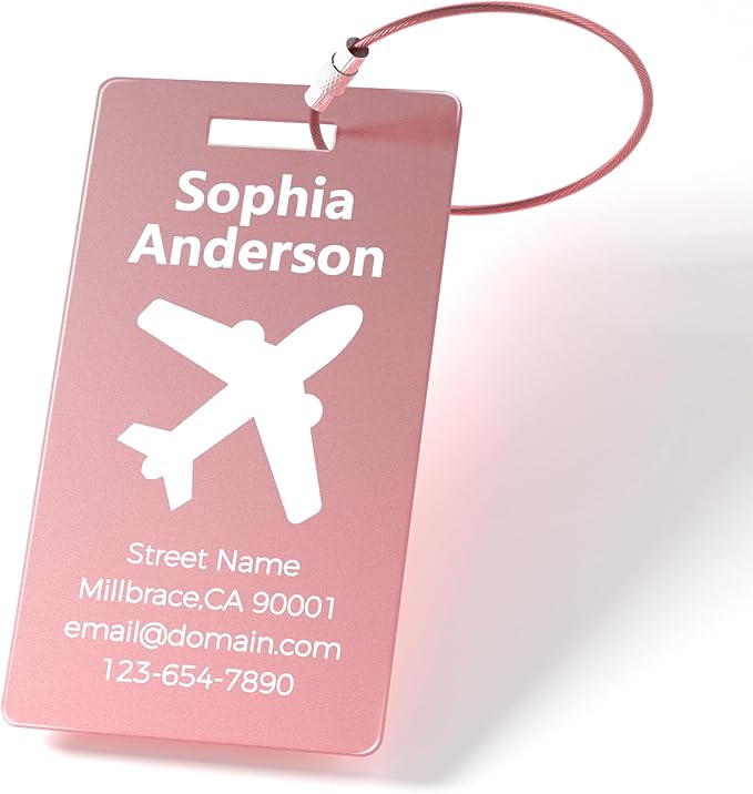 4 Pack Personalized Luggage Tags, Custom Engraved Aluminum Luggage Tags with Your Personalized Text, Waterproof Metal Name Tags with Steel Loop for Bags, Suitcase, Baggage, Backpack (Pink, Large)
