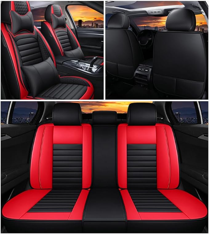 Leather Car Seat Covers for Volkswagen Golf 2001-2021,Car Seat Covers Full Set,Seat Covers with Safety,Waterproof Seat Cover Compatible Airbag(5pcs Black&Red Bars Luxury)