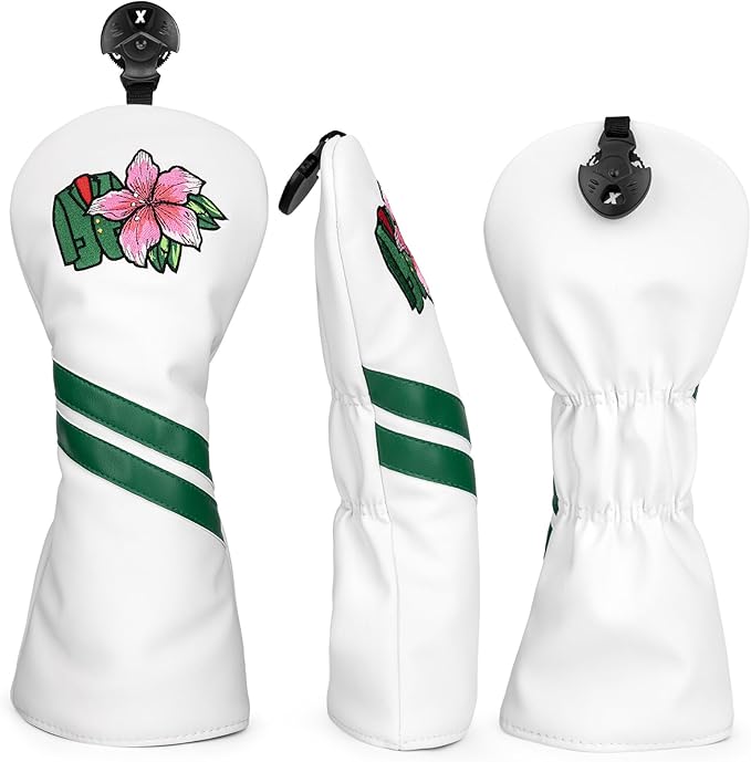 Premium PU Leather Driver Cover, Fairway Wood & Hybrid Covers for Men - Hibiscus Flower Embroidered Golf Head Covers for Woods and Driver -1pc or Set White Golf Club Covers