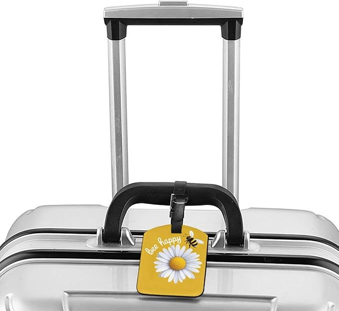 White Daisy Luggage Tag for Suitcases,Inspirational Quote Bee Happy Yellow PU Leather Baggage Tags Bag Tags Travel Id Label for Luggage Women Men -1 Piece