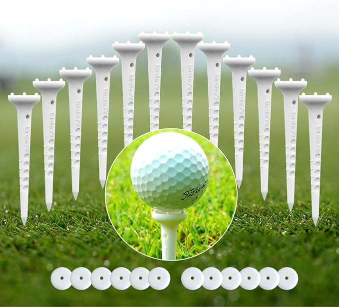 Big Easy White Golf Tee Set – 3.25" Tees with Height Adjust, 6-Prong Low-Friction Head, Silicone Stopper – (12pcs Golf Tees and 12pcs Stopper / 1pack)